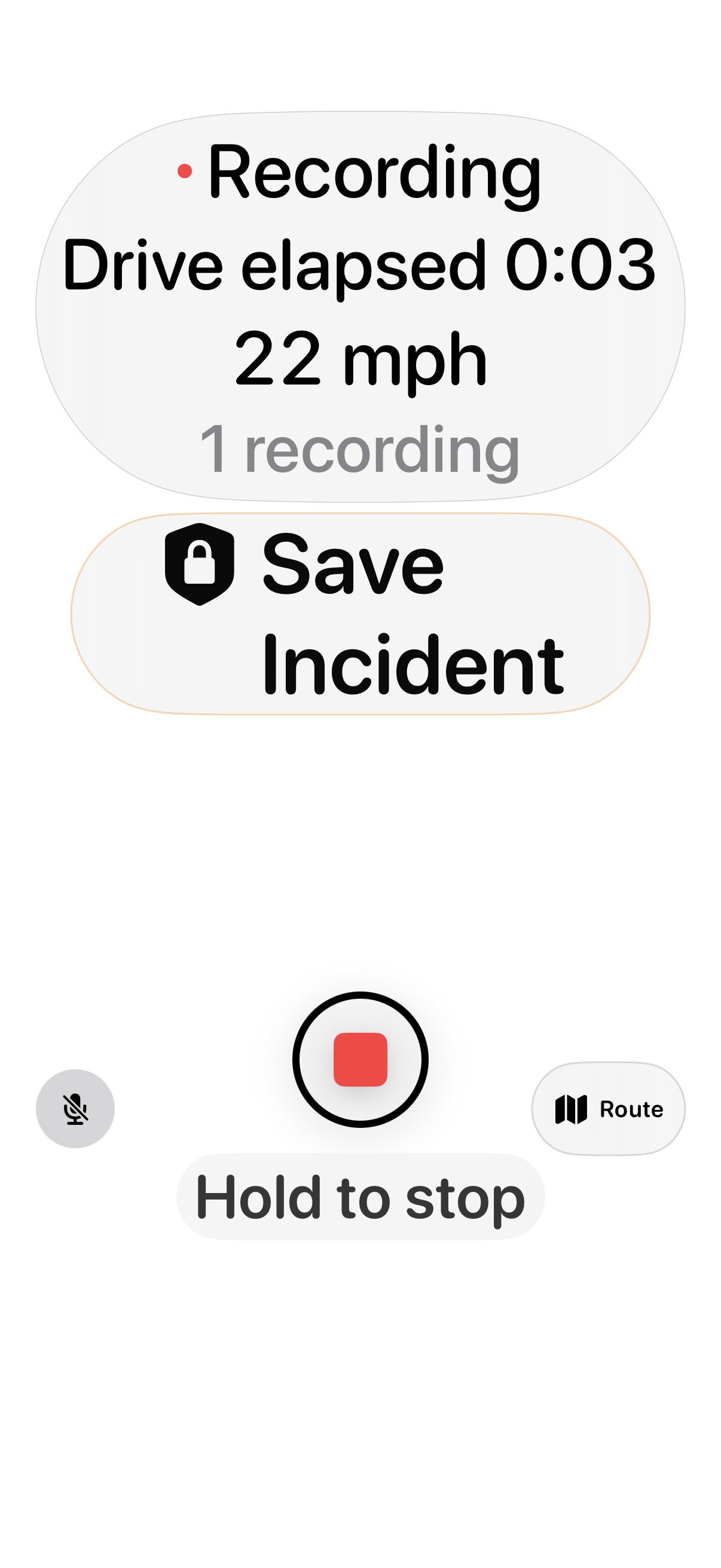 Native DashReplay development controls rendered with large text: recording status, Save Incident, microphone, Route and Hold to stop. Inert test scene, not a captured drive.